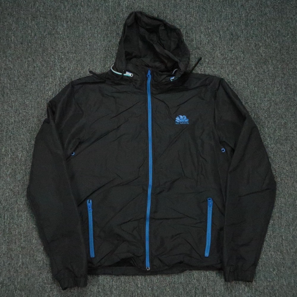 Sundek Jacket Mens Large Black Full Zip Pockets Hooded Windbreaker Lightweight